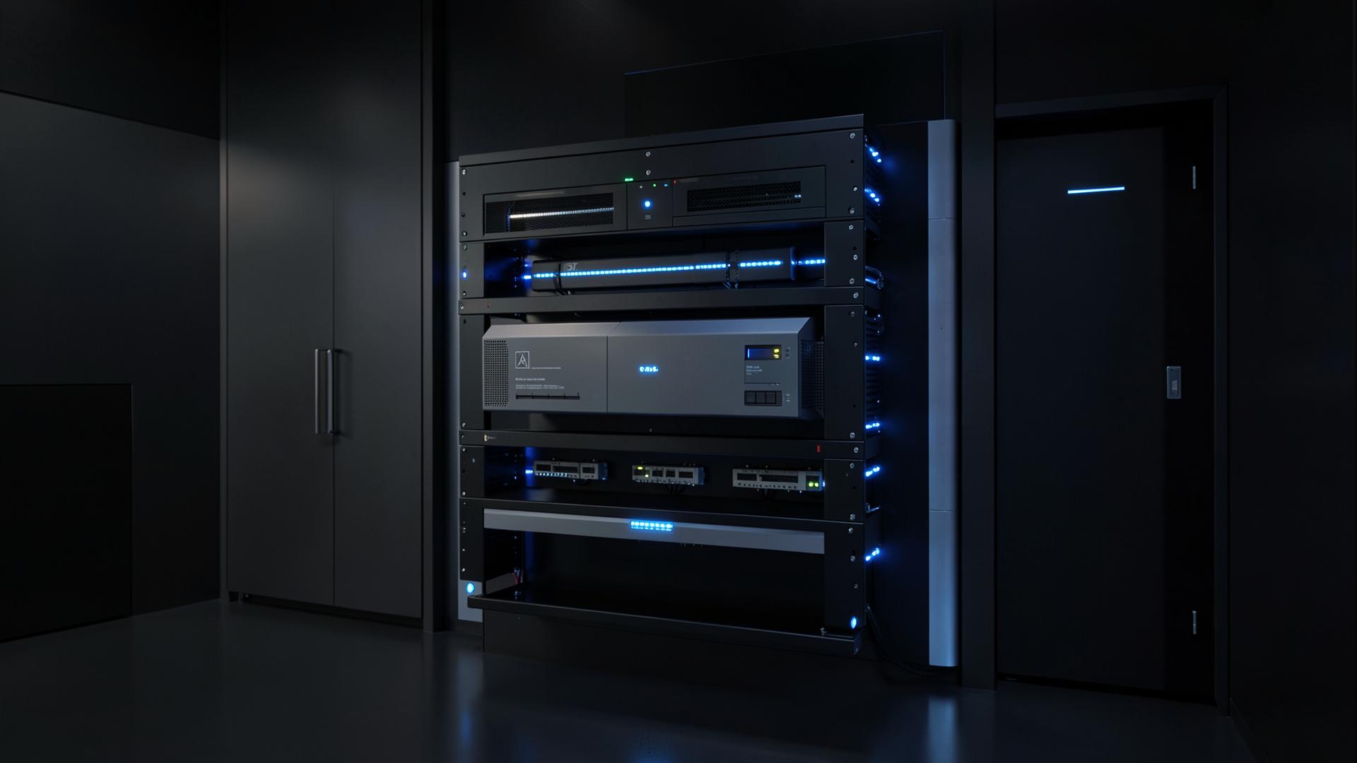 Modern inverter and lithium battery rack in a control room