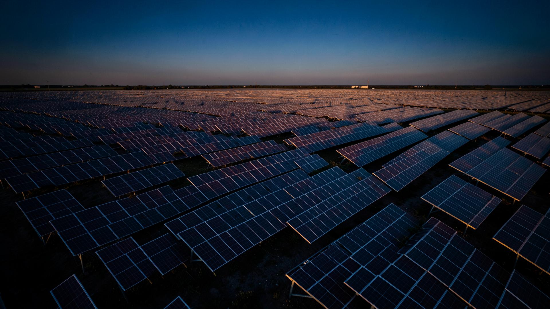 Aerial view of a large solar panel farm at dawn