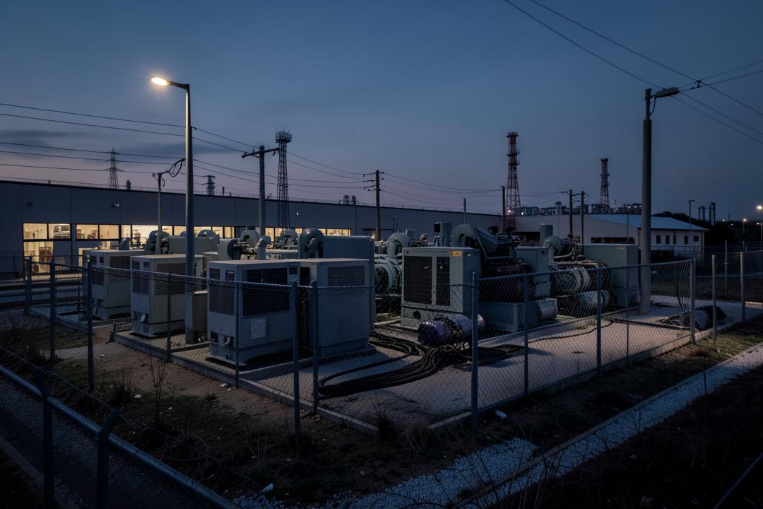 Industrial generator bank in a fenced power plant at dusk